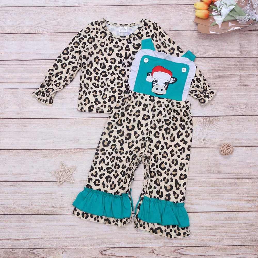 Boutique Christmas Cow Suspender Overalls Romper Jumpsuit Girls Outfit Set